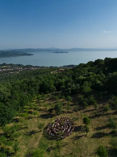 Vista dall’alto: un prato fra gli alberi sopra un lago, con un cerchio di persone al centro