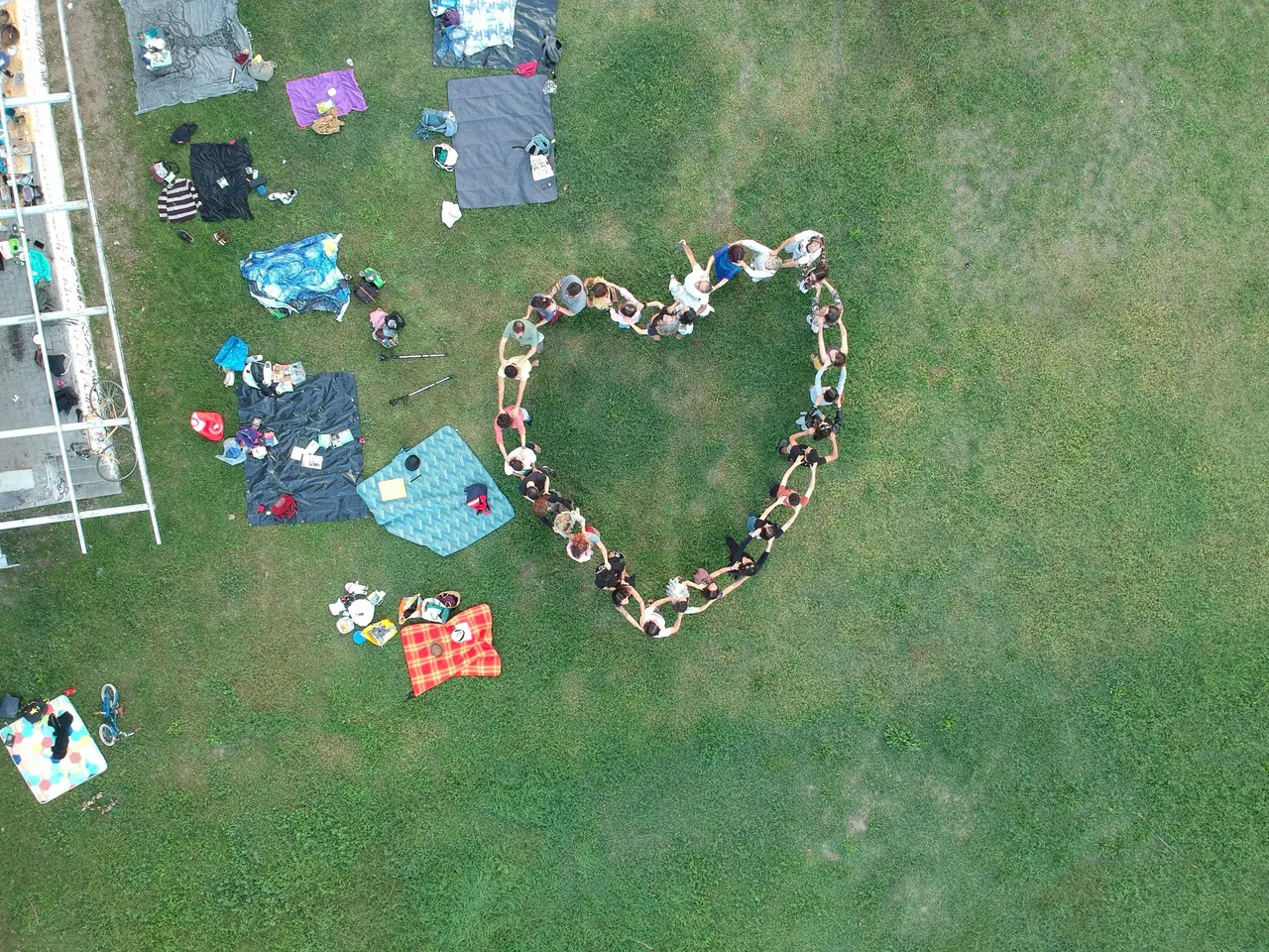Dall'alto: sul prato le persone, in piedi, formano un grande cuore